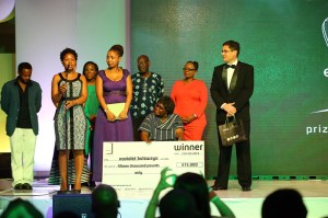 NoViolet Bulawayo on stage with Etisalat Prize Judges, Patrons & organisers