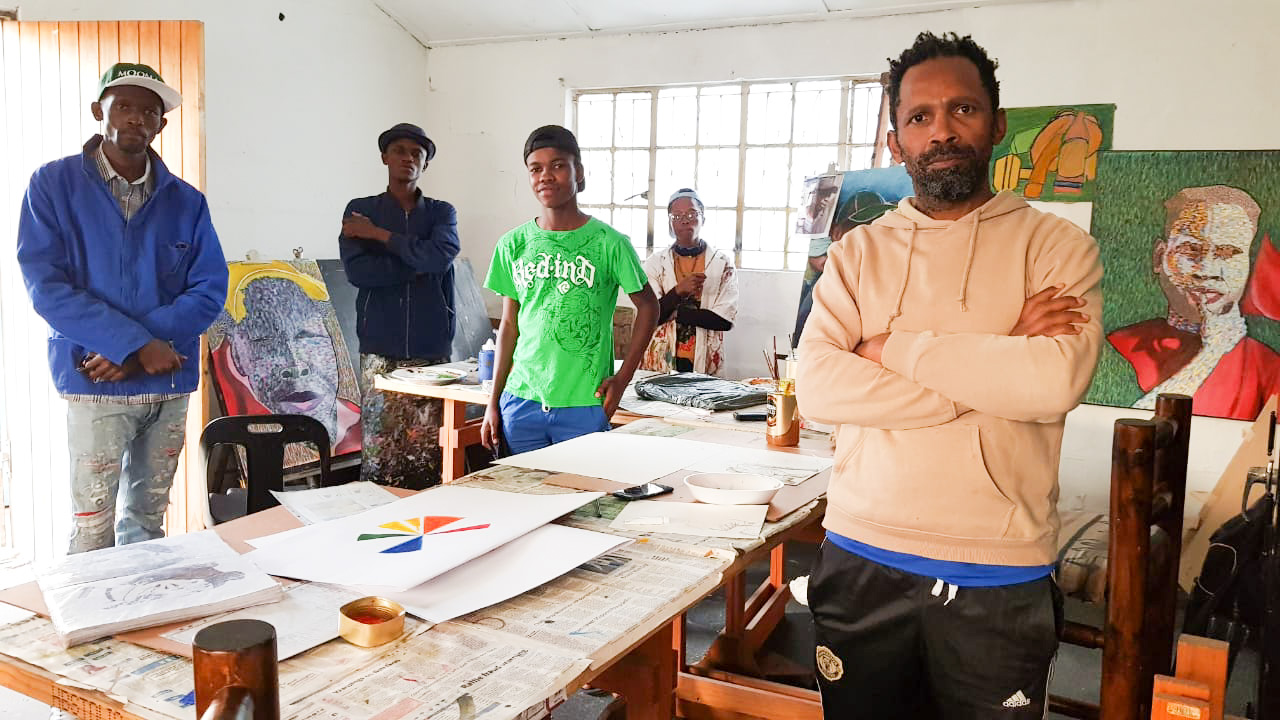 New Brighton Art School Mentorship group, from left, Khaya Gqomo, Madoda Honi, Ayolile Holweni, Phulile David Rawana and Dolla Sapeta. 2021